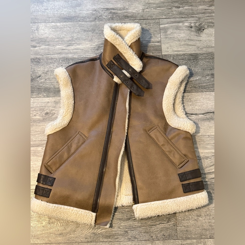 Chimney Neck Brown Faux Shearling Lined Vest